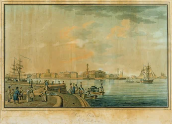 De Beurs en de Rostral Kolommen, Sint-Petersburg, 1807 (gravure)
